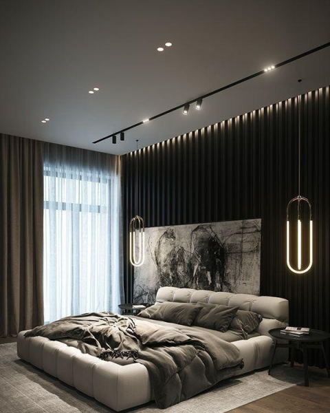 Дизайн натяжного потолка со световыми линиями в спальню